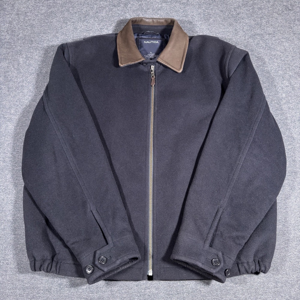 Nautica Men's Wool Leather Jacket Full Zip Quilt Lined Navy Blue Barn Coat Heavy
